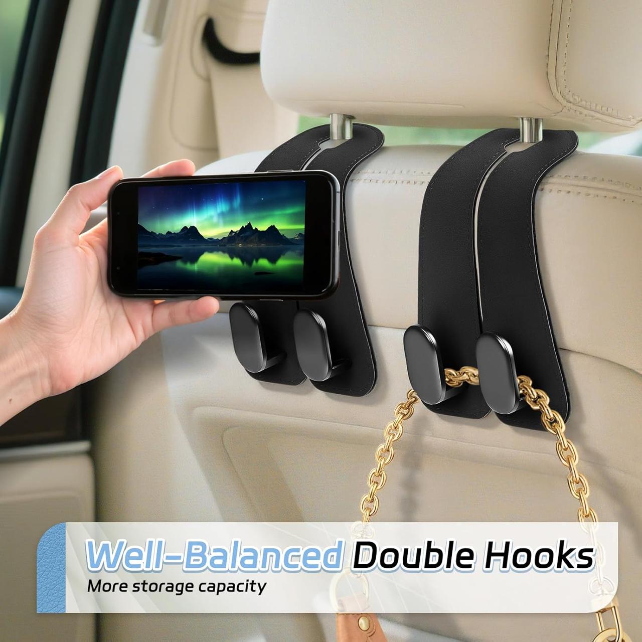 2-in-1 Premium Leather Car Headrest Hook + Phone Holder (2-Pack) – Heavy Duty & Universal Fit