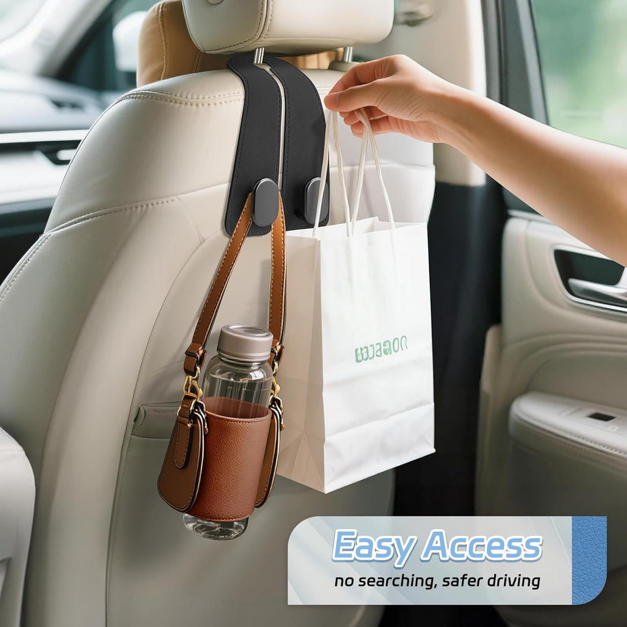 2-in-1 Premium Leather Car Headrest Hook + Phone Holder (2-Pack) – Heavy Duty & Universal Fit