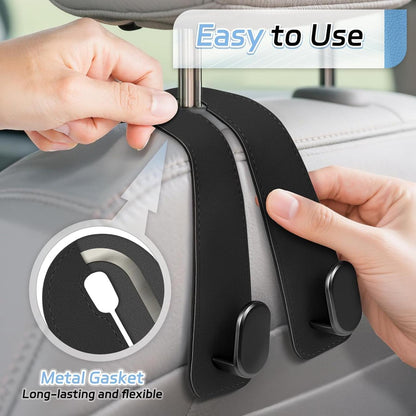 2-in-1 Premium Leather Car Headrest Hook + Phone Holder (2-Pack) – Heavy Duty & Universal Fit