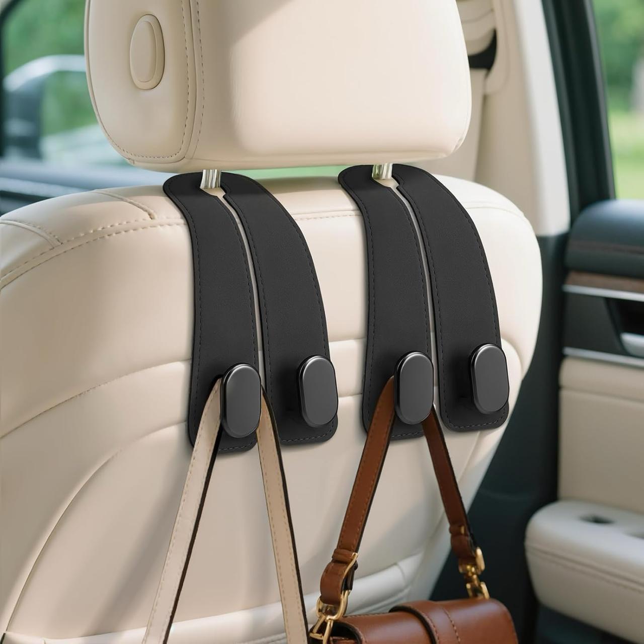 2-in-1 Premium Leather Car Headrest Hook + Phone Holder (2-Pack) – Heavy Duty & Universal Fit